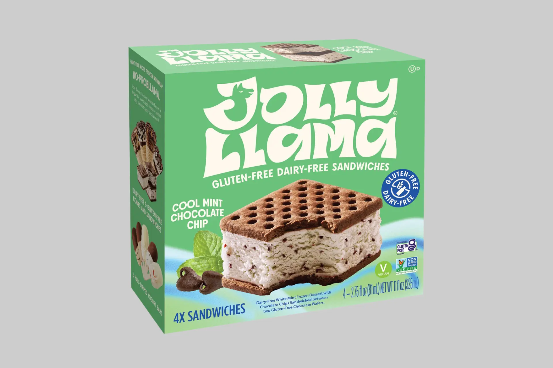 A Jolly Llama Cool Mint Chocolate Chip Sandwich, perfectly intact, showcasing its mint green filling and chocolate wafers. - Product Review