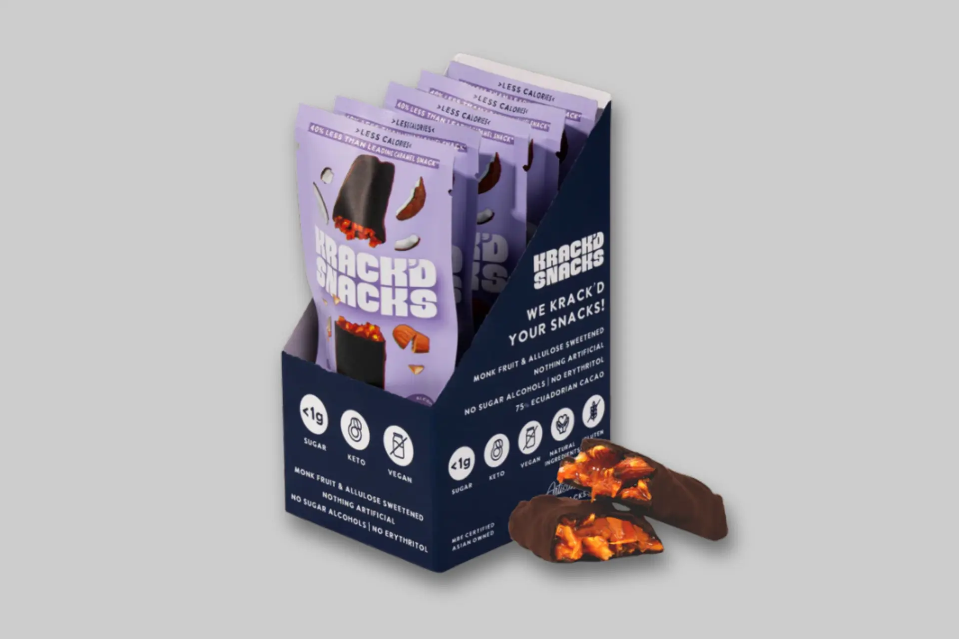 A Krack'd Snacks Dark Chocolate Aloha Caramel Bar, showing its dark chocolate coating and the chewy coconut-almond caramel interior. - Product Review