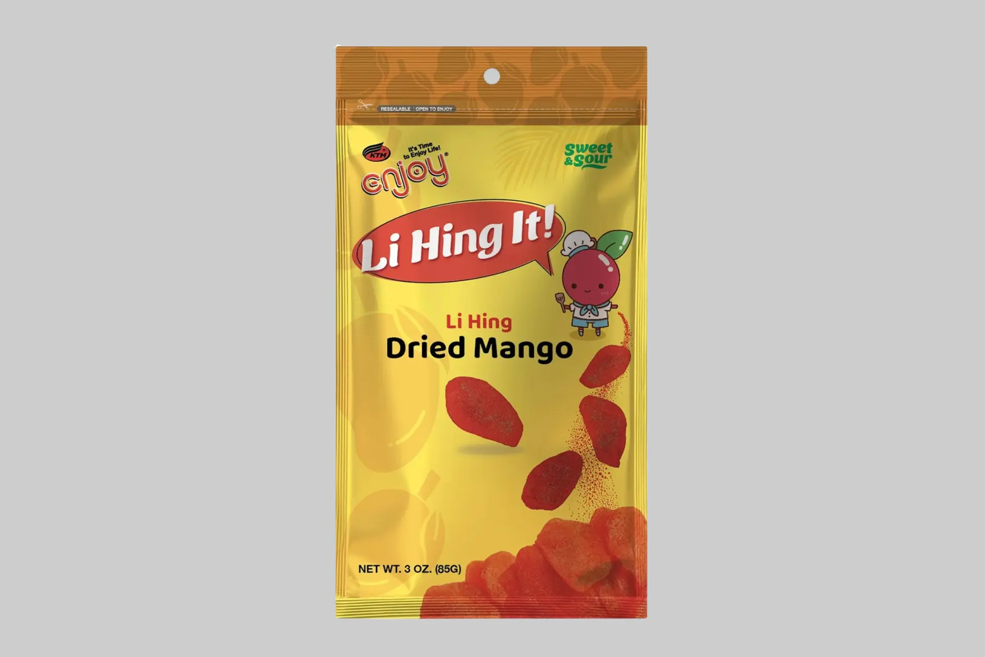 Bright yellow dried mango slices generously dusted with reddish-pink Li Hing Mui powder, highlighting the sweet, sour, and salty snack. - Product Review