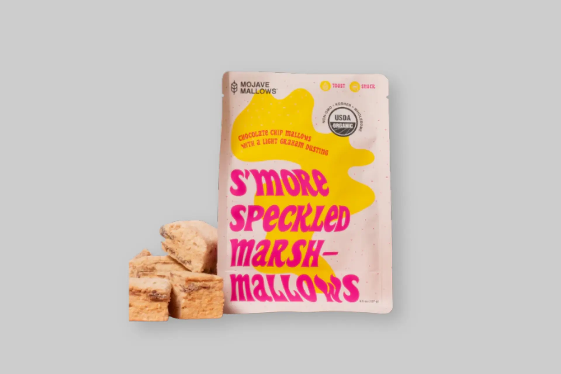 Bag of Mojave Mallows Organic S’more Speckled Marshmallows featuring handmade vanilla marshmallows swirled with chocolate and dusted with graham cracker crumbs. - Product Review