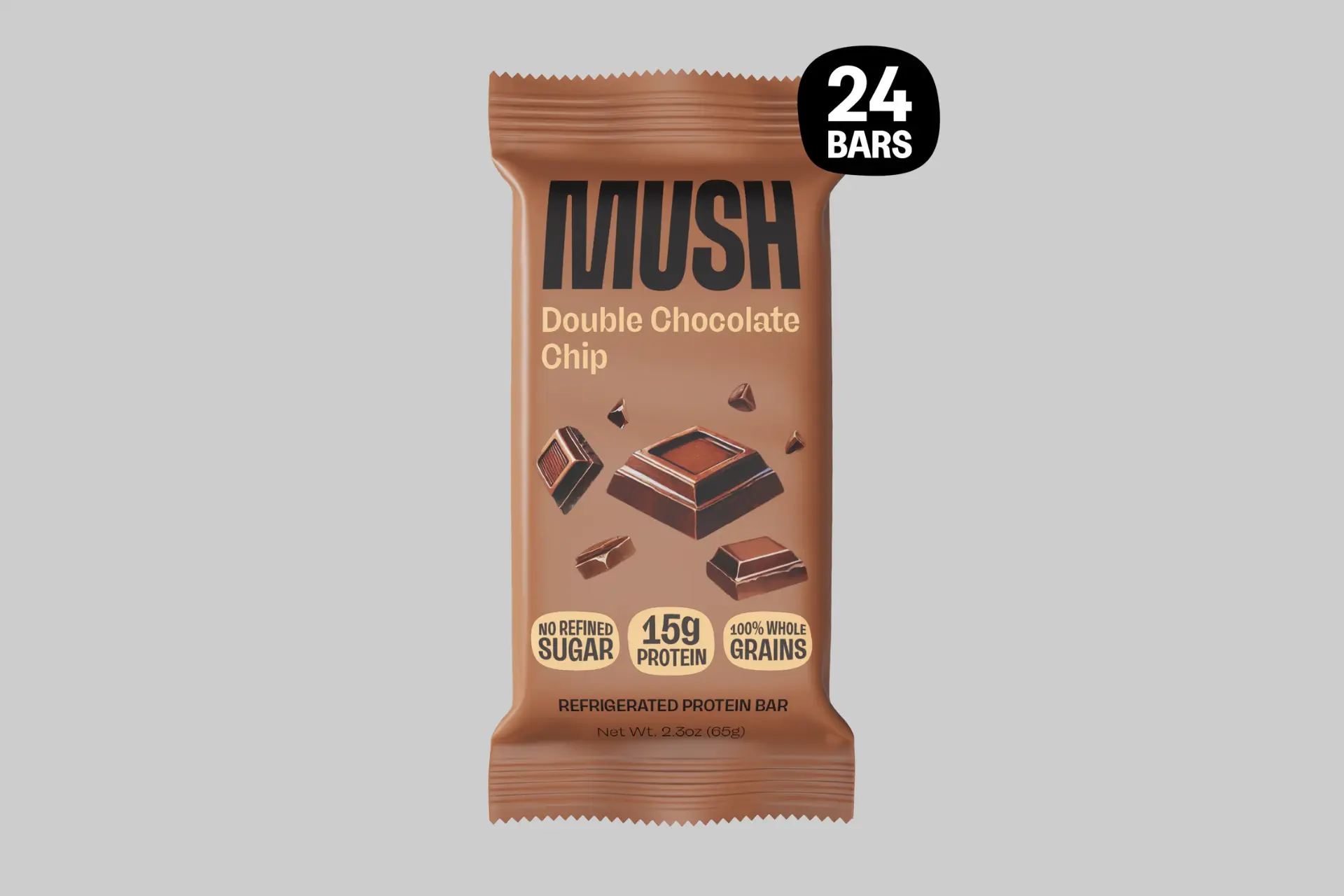 A single Mush Double Chocolate Chip Protein Bar, showcasing its rich, dark chocolate color and chewy texture, ready to eat on the go. - Product Review