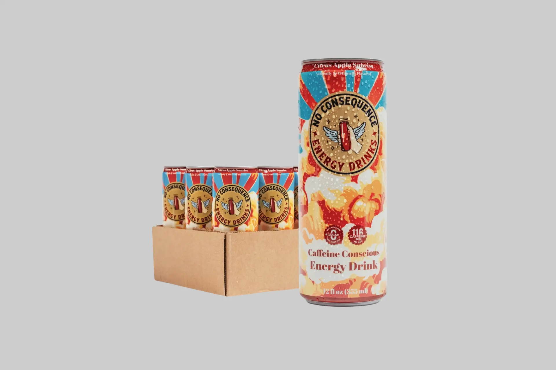 A 12 fl oz can of No Consequence Ethereal Energy drink in Citrus Caramel Apple flavor, showing the brand's clean label design and zero sugar callout.