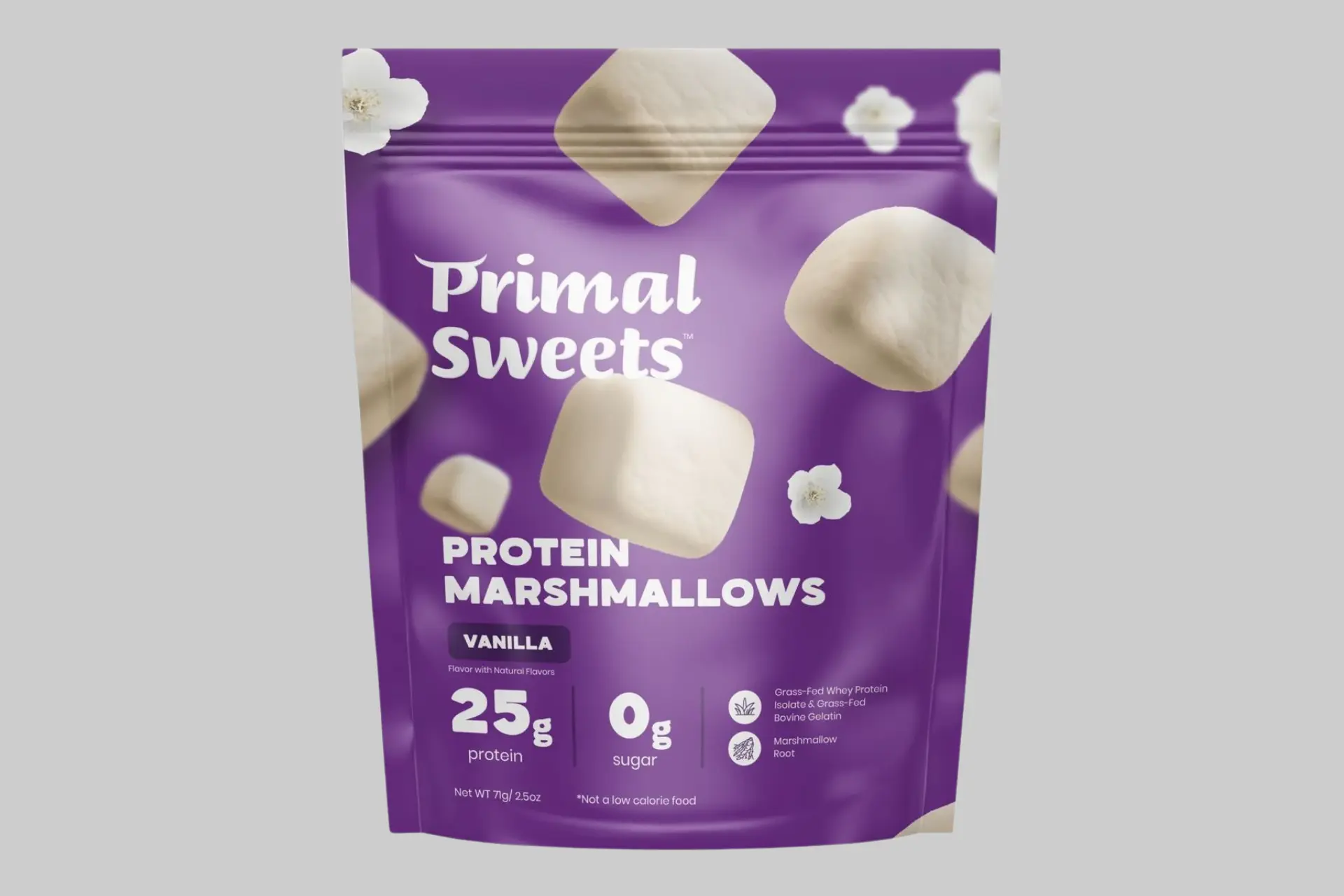 A bag of Primal Sweets Vanilla Protein Marshmallows showcasing their fluffy texture and vanilla bean specks. - Product Review
