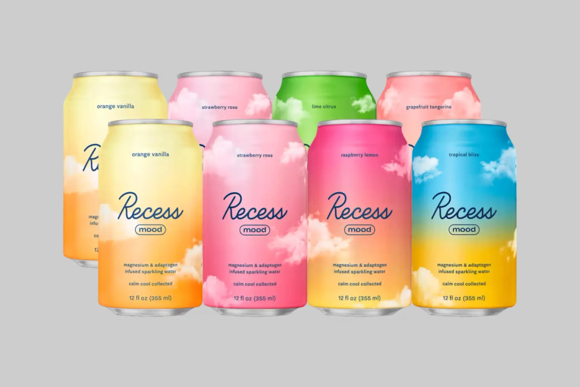 A variety pack of Recess Mood "The Greatest Hits Sampler" sparkling waters, showcasing different fruit flavors and the calming beverage concept. - Product Review