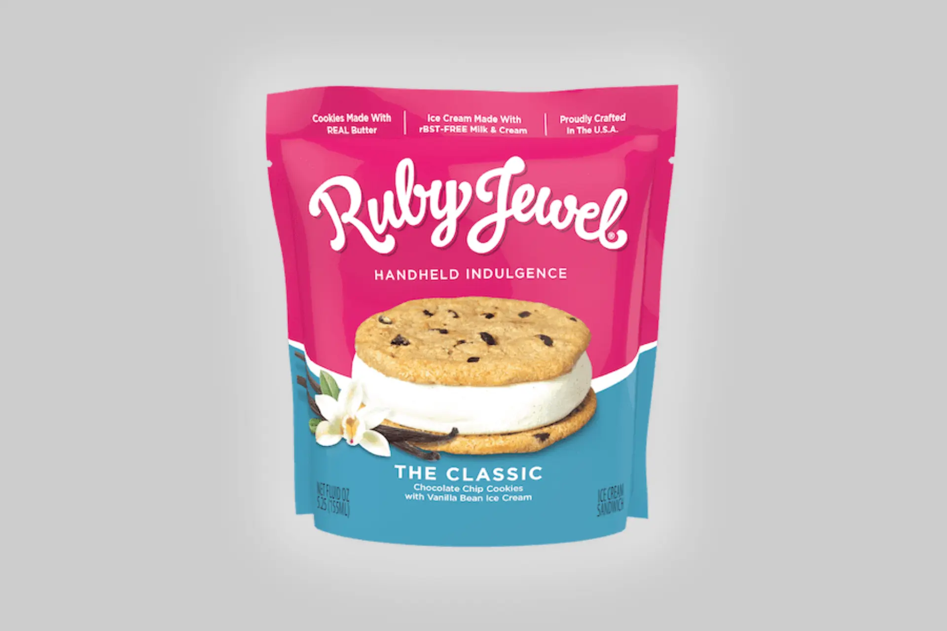 A Ruby Jewel The Classic Ice Cream Sandwich, featuring creamy vanilla ice cream between two chocolate chip cookies, against a clean background. - Product Review