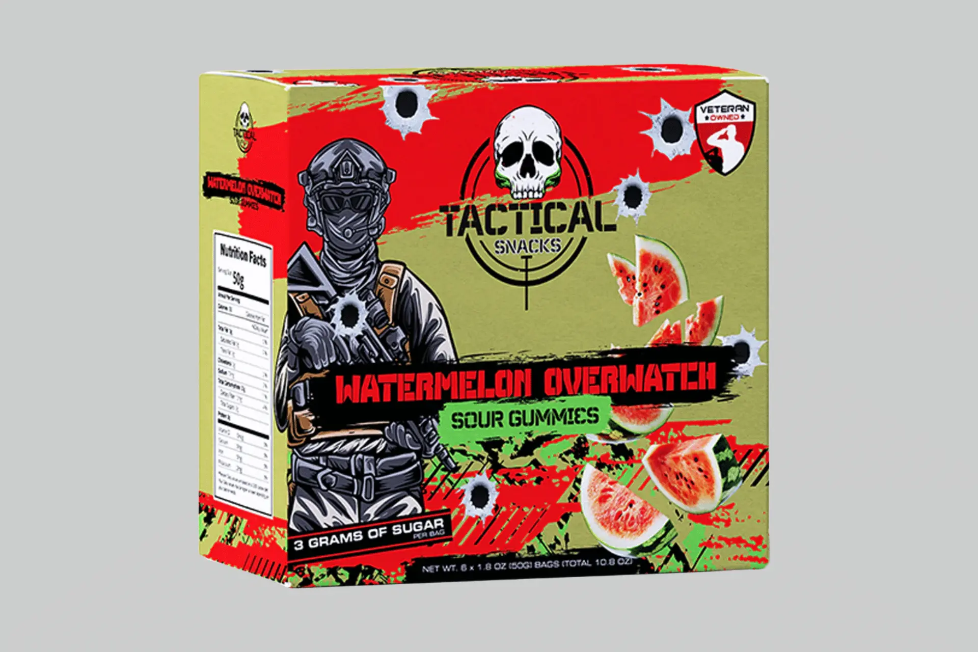A pack of Tactical Snacks Watermelon Overwatch gummies, showcasing the vibrant watermelon flavor and compact, portable packaging. - Product Review