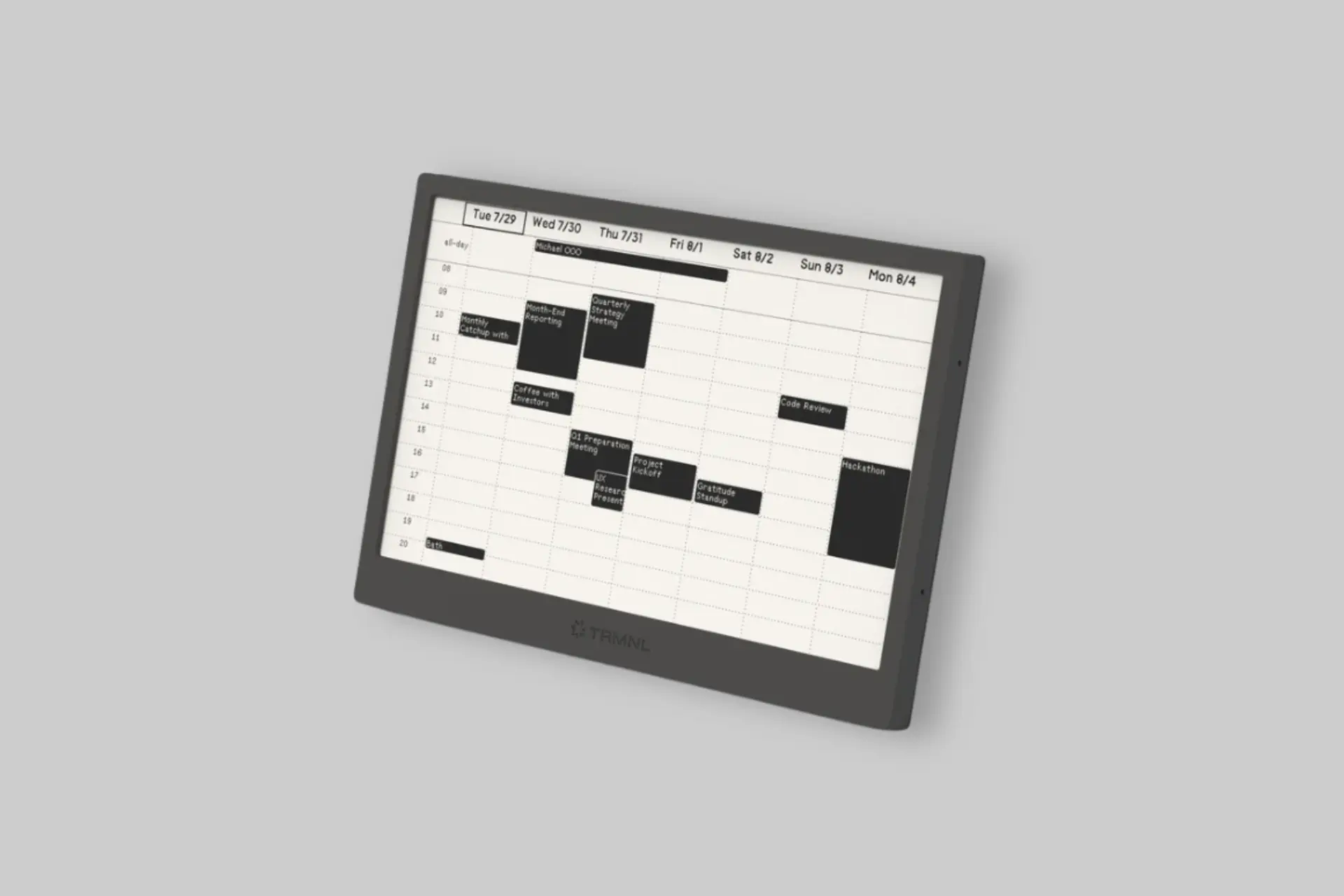 TRMNL e-ink dashboard displaying calendar, weather, and productivity information on a minimalist 7.5-inch e-paper screen with a desktop kickstand. - Product Review
