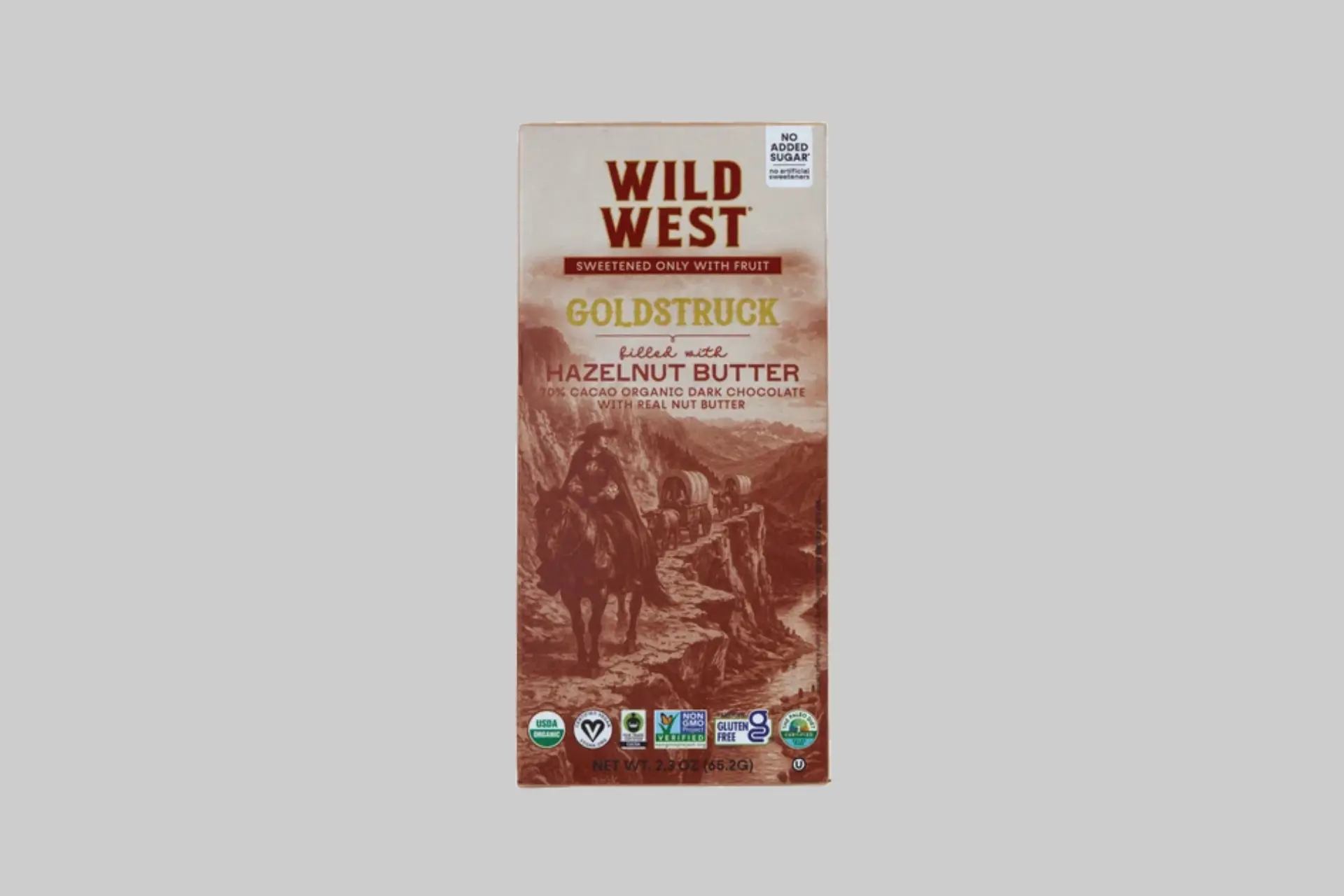 Wild West Chocolate Goldstruck nut butter bars in four flavors arranged together, showing the gold ingot-shaped chocolate pieces and gold foil packaging with vintage Western pastoral scenes.